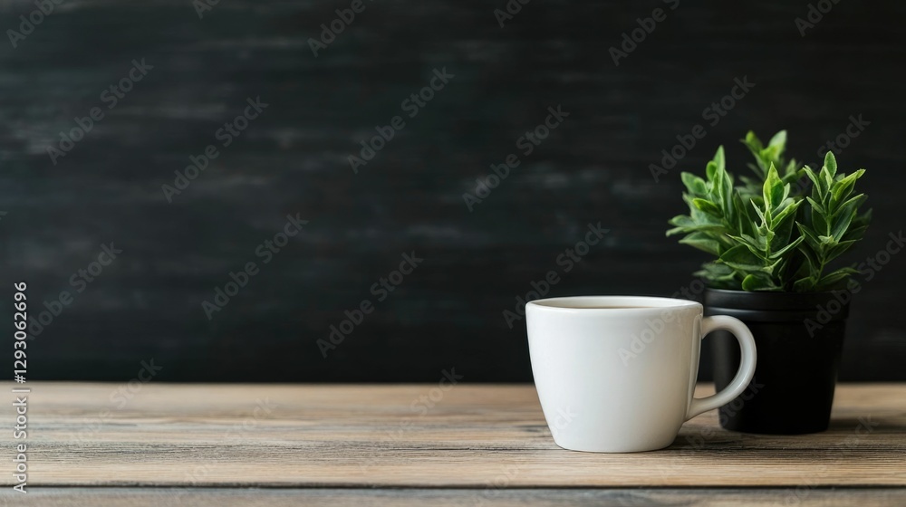 Minimalist wooden countertop in a cozy cafe setting framed by soft green foliage outside the window  The natural inviting atmosphere creates a peaceful and serene ambiance