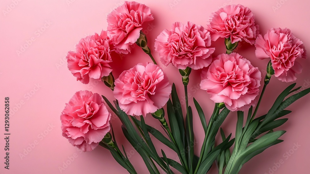 An elegant bouquet of pink carnations against a soft pastel pink backdrop, perfect for Mother's Day, International Women's Day, and other celebrations. Ample space for text. An elegant bouquet of pink carnations against a soft pastel pink backdrop, perfect for Mother's Day, International Women's Day, and other celebrations. Ample space for text.