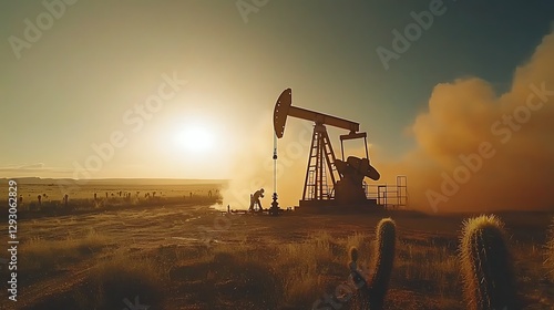 Oil pump jack sunset desert field worker energy production
