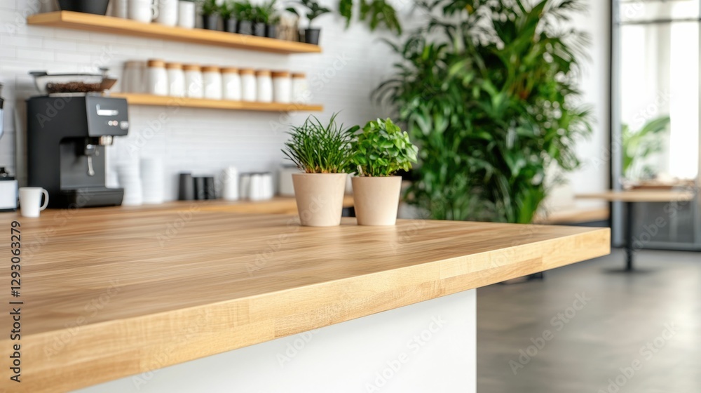 Sleek wooden counter in a stylish contemporary caf setting with a backdrop of lush vibrant green plants and natural organic textures creating a cozy inviting atmosphere Sleek wooden counter in a stylish contemporary caf setting with a backdrop of lush vibrant green plants and natural organic textures creating a cozy inviting atmosphere