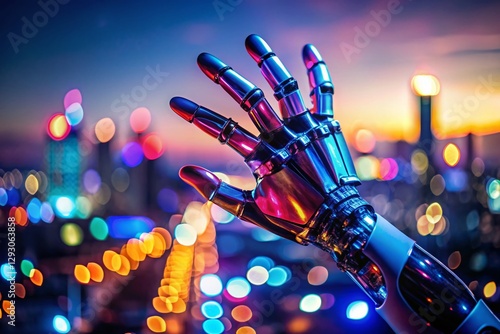 Futuristic Robotic Hand Neon Holographic Gesture Silhouette Stock Photo