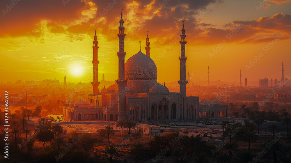 Obraz premium Mosque at sunset against a desert cityscape, enveloped in warm light creating a calm atmosphere