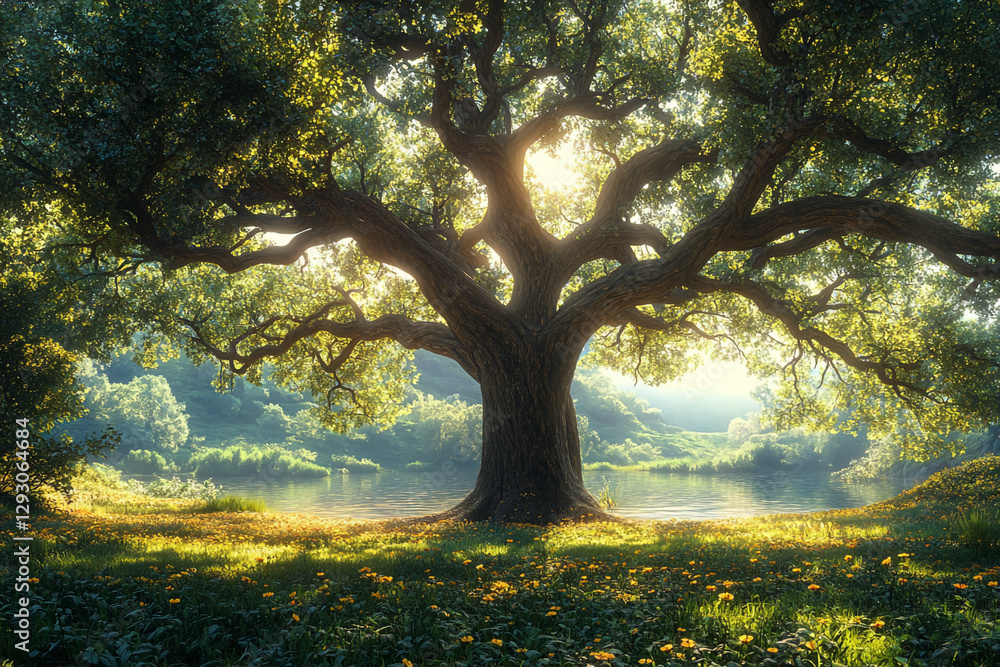Fototapeta premium Sun-Kissed Tranquility, An Enchanting Vista of Old Tree and Water