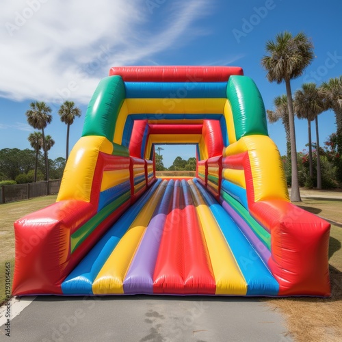 A bright and colorful inflatable slide set against a clear blue sky inviting children to play and enjoy outdoor fun