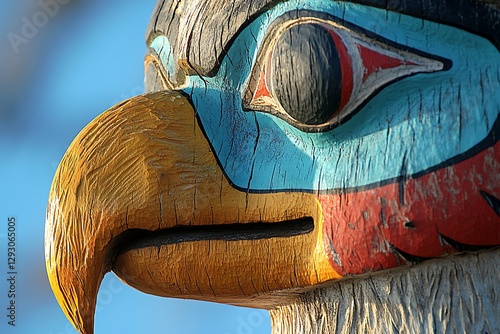Totem pole eagle carved face close up
