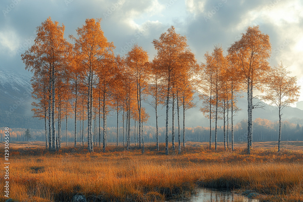 Golden birch forest bathed in ethereal light under a cloudy expanse Golden birch forest bathed in ethereal light under a cloudy expanse