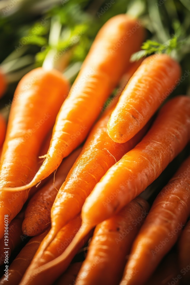Close-up of a pile of firm orange carrots, showcasing their smooth skin and fresh green tops, perfect for culinary use. Close-up of a pile of firm orange carrots, showcasing their smooth skin and fresh green tops, perfect for culinary use.