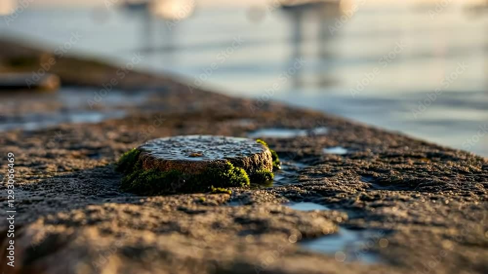 Closeup of weathered pier with mossy details and blurred harbor in background Closeup of weathered pier with mossy details and blurred harbor in background