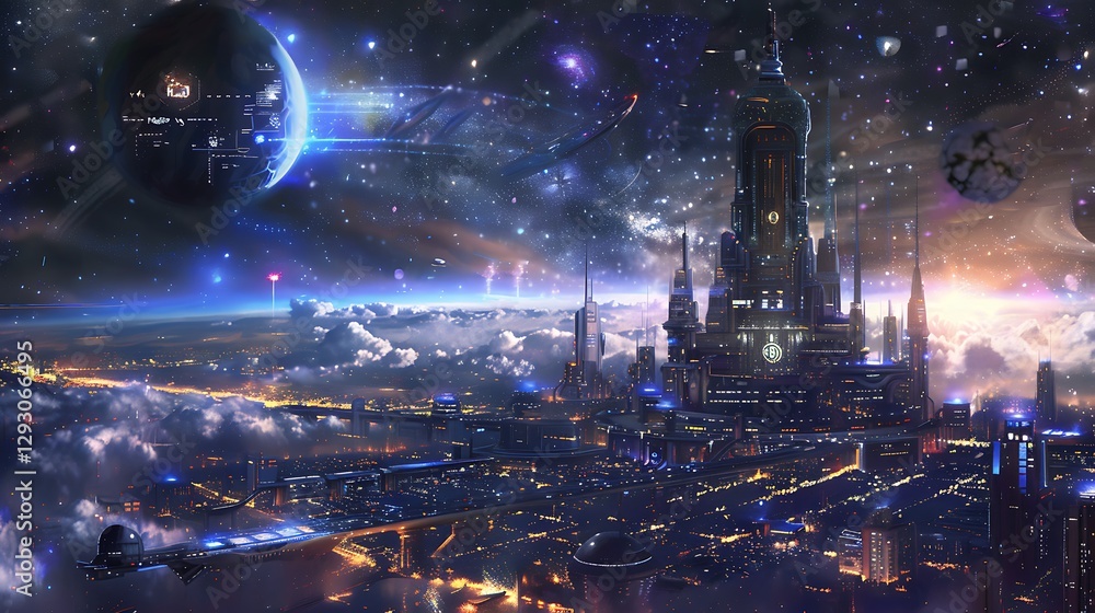Obraz premium Futuristic Cityscape with Towers, Stars, Planets, and Technology in a Cosmic Environment