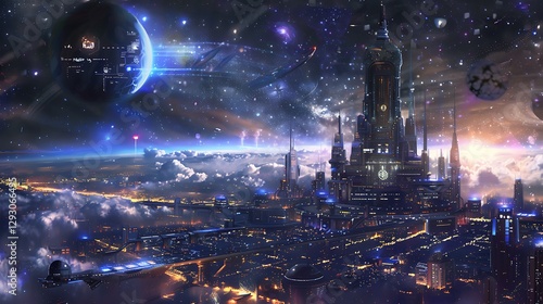 Futuristic Cityscape with Towers, Stars, Planets, and Technology in a Cosmic Environment