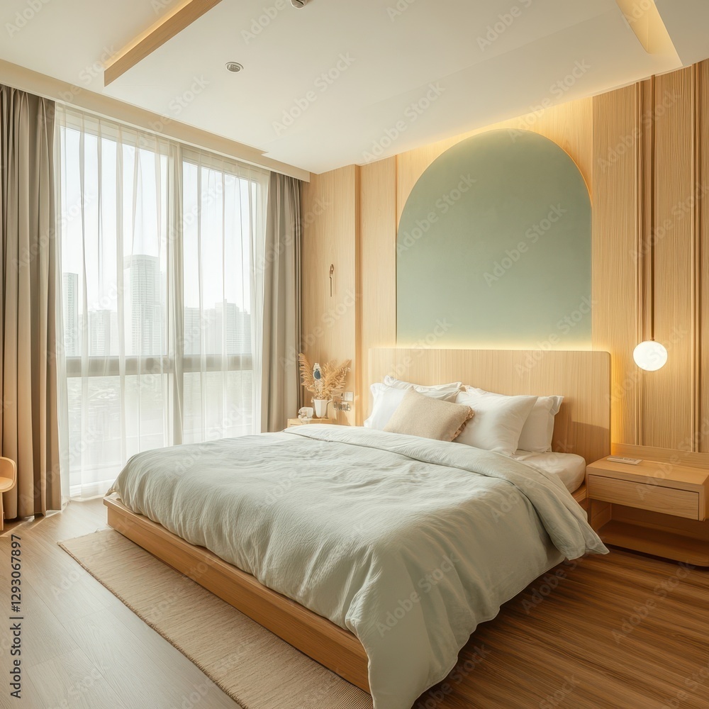 A modern bedroom has a bed and beautiful lighting A modern bedroom has a bed and beautiful lighting