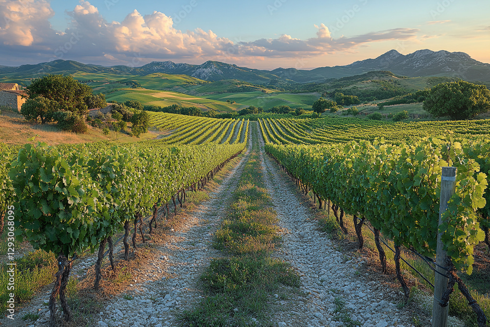 Fototapeta premium Rolling hills vineyard at sunset captures rural serenity and agriculture