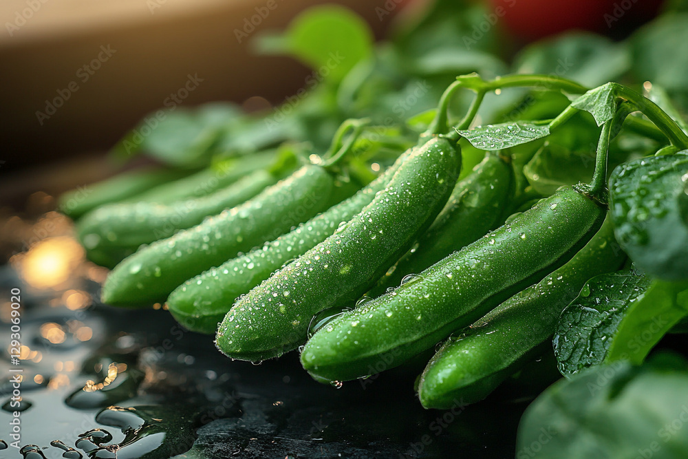 Dew-Kissed Snap Peas, A Fresh Harvest Display of Vibrant Green Pods Dew-Kissed Snap Peas, A Fresh Harvest Display of Vibrant Green Pods