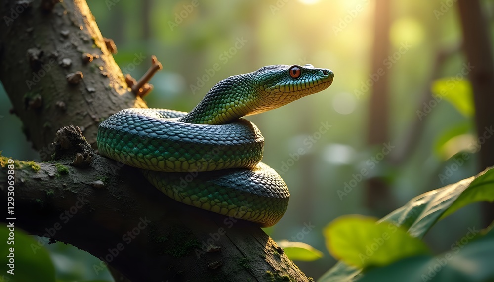 Fototapeta premium Green snake coiled on a tree branch under sunlight with blurred forest background