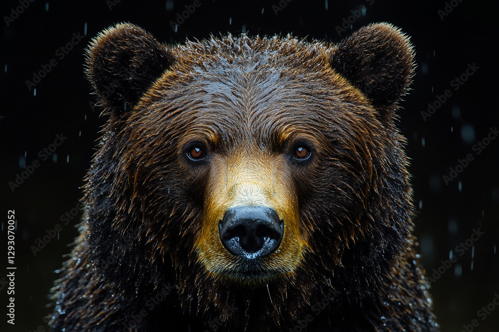 Obraz premium Contemplative Brown Bear Stares Intently in a Downpour