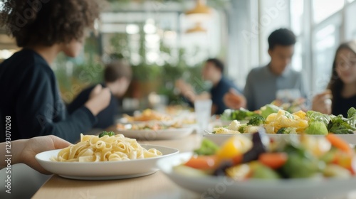 School cafeteria with students enjoying veggie pasta dishes. Featuring whole grain pasta and fresh vegetables