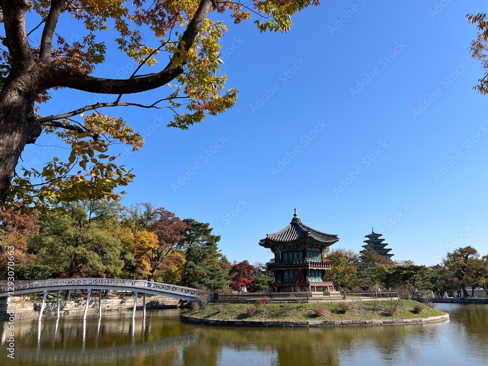 Landscape view of a garden at Gyeongbokgung Palace in Seoul, South Korea Landscape view of a garden at Gyeongbokgung Palace in Seoul, South Korea