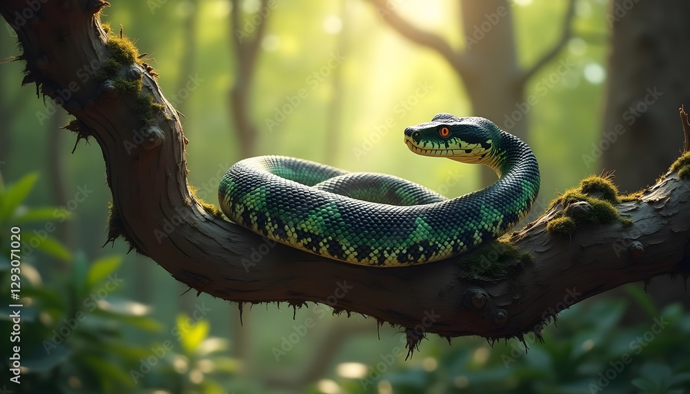Green snake with patterned scales resting on a branch in a sunlit forest Green snake with patterned scales resting on a branch in a sunlit forest