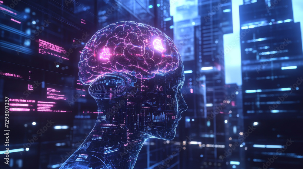 futuristic brain interface visualized with neon lights and cityscape futuristic brain interface visualized with neon lights and cityscape