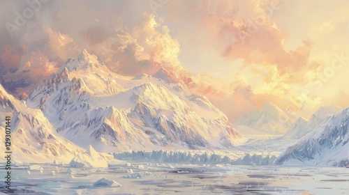 Wallpaper Mural Vintage oil painting style, neutral colours, light highlights, soft tones depicting a beautiful arctic glacier sunset scene.  Torontodigital.ca