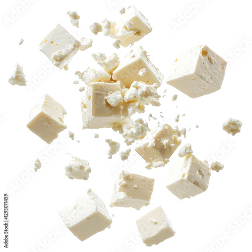 feta cheese falling on transparent background