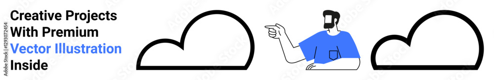 Man in blue shirt gesturing toward two cloud outlines, suggesting creativity and innovation. Ideal for design, teamwork, technology, brainstorming, education, collaboration, flat landing page banner Man in blue shirt gesturing toward two cloud outlines, suggesting creativity and innovation. Ideal for design, teamwork, technology, brainstorming, education, collaboration, flat landing page banner