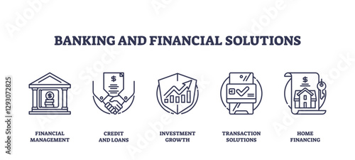 Banking and financial solutions icons depict finance management, credit, and investment growth, transparent background. Outline icons set.