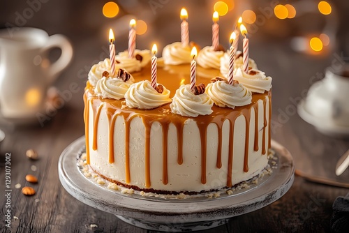 Birthday cake with colorful candles, freshly baked and decorated with icing, ready for a party with friends and family, warm and inviting, comic book style