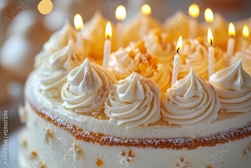 Birthday cake with colorful candles, freshly baked and decorated with icing, ready for a party with friends and family, warm and inviting, comic book style