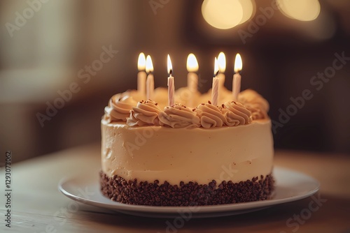 Birthday cake with colorful candles, freshly baked and decorated with icing, ready for a party with friends and family, warm and inviting, comic book style