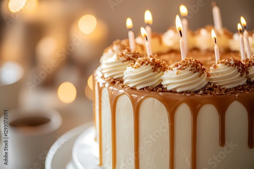 Birthday cake with colorful candles, freshly baked and decorated with icing, ready for a party with friends and family, warm and inviting, comic book style