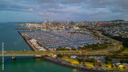 Aerial hyperlapse, dronelapse video of Auckland of New Zealand from day to night