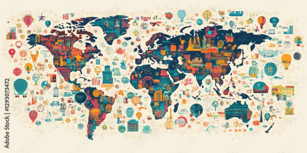 Fototapeta premium Global Icons: A vibrant world map bursts with colorful icons representing diverse cultures, landmarks, and concepts, a rich tapestry of global interconnectedness and cultural exchange.
