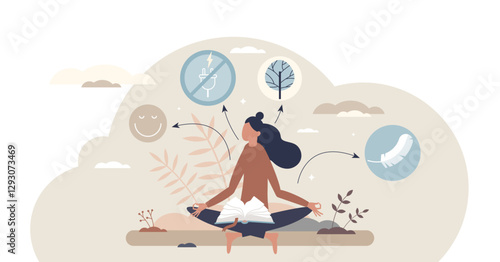 Digital detox emphasizes inner peace with meditation, nature, and mindfulness symbols, transparent background.