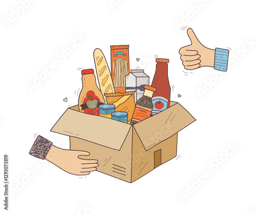 Food drive concept with a box of groceries, hands, and a thumbs-up, transparent background.