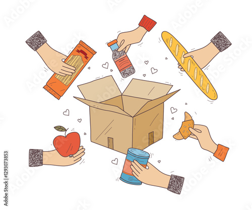 Food drive concept with hands offering food items around a box, symbolizing community support, transparent background.