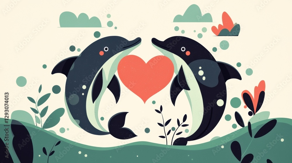 Fototapeta premium A heart-shaped object is held by two dolphins in a stylized underwater scene.