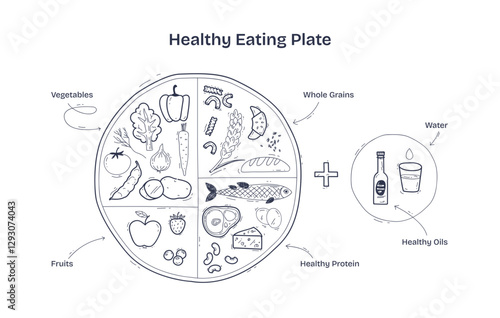 The Healthy Eating Plate diagram illustrates balanced nutrition with vegetables, whole grains, and proteins, transparent background.
