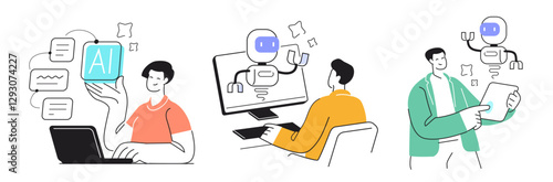 People work together with artificial intelligence. Digital technology integration, innovative solutions