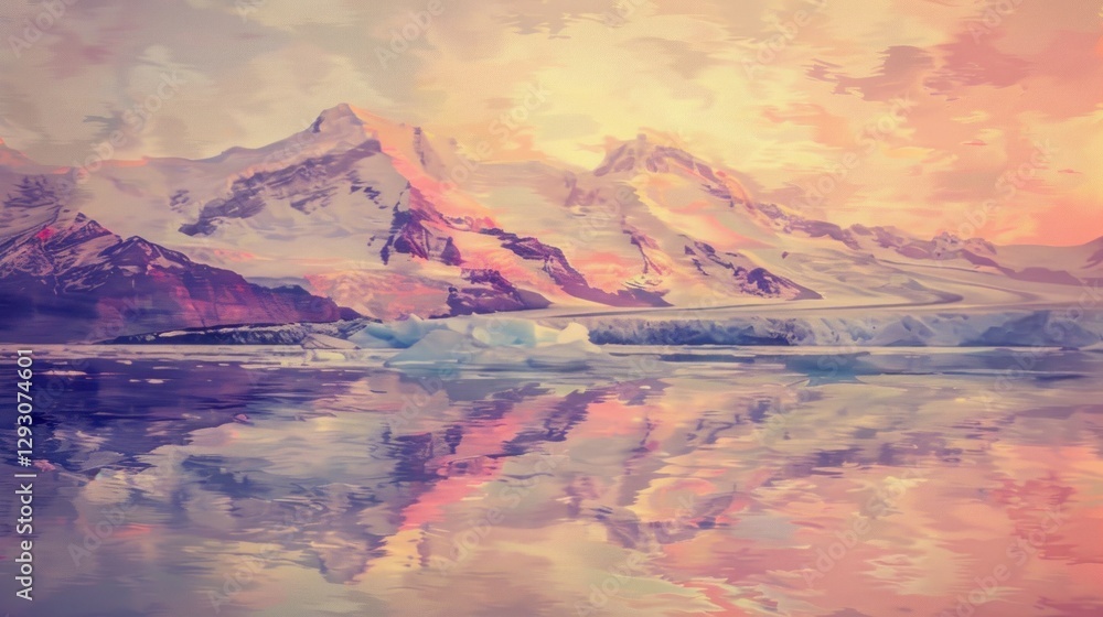 Fototapeta premium Vintage oil painting style, neutral colours, light highlights, soft tones depicting a beautiful arctic glacier sunset scene. 