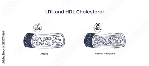 LDL and HDL cholesterol diagram shows artery health, transparent background.Key objects, LDL, HDL, artery.