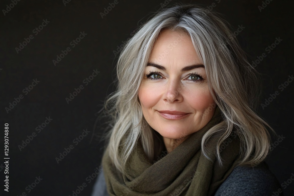 A warm and inviting portrait of a middle-aged woman with silver hair, perfect for wellness campaigns, International Women's Day, and beauty promotions. A warm and inviting portrait of a middle-aged woman with silver hair, perfect for wellness campaigns, International Women's Day, and beauty promotions.