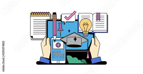 Digital learning features hands holding devices, books, and a graduation cap, symbolizing modern education, transparent background. Neubrutalism hands concept