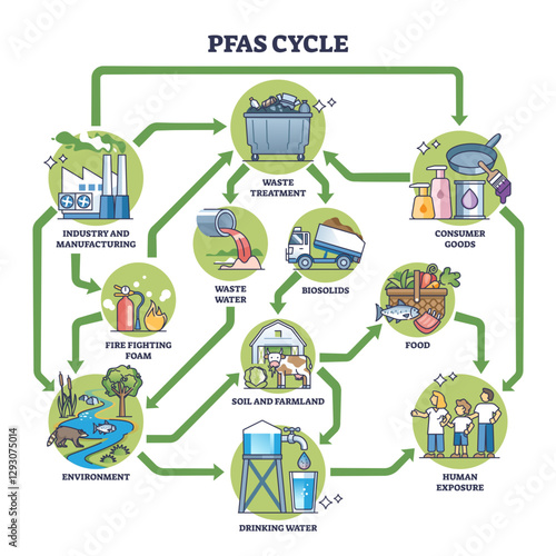 PFAS cycle diagram shows the flow from industry to human exposure, highlighting waste treatment and drinking water, transparent background.