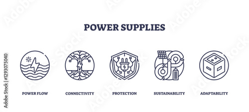 Power supplies icons depict flow, connectivity, and sustainability, transparent background. Outline icons set.