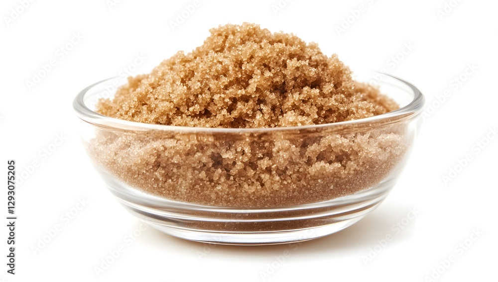 Brown sugar in small glass bowl on white background Brown sugar in small glass bowl on white background
