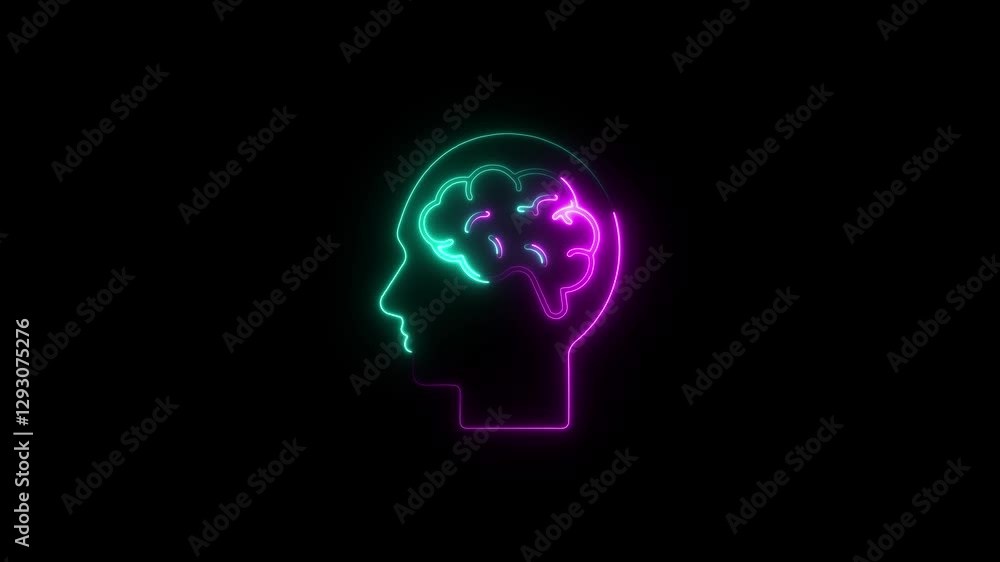 Glowing neon human head with brain icon animation with black background. Glowing neon human head with brain icon animation with black background.