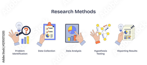 Research methods visualized with hands holding tools for problem-solving, data analysis, and reporting, transparent background. Neubrutalism hands concept