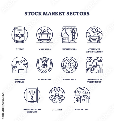 Stock market sectors visualized with outline icons, transparent background. Key objects, energy, healthcare, real estate. Outline icons set.