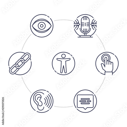 Accessibility icons include eye, microphone, ear, and touch symbolizing inclusive design, transparent background.